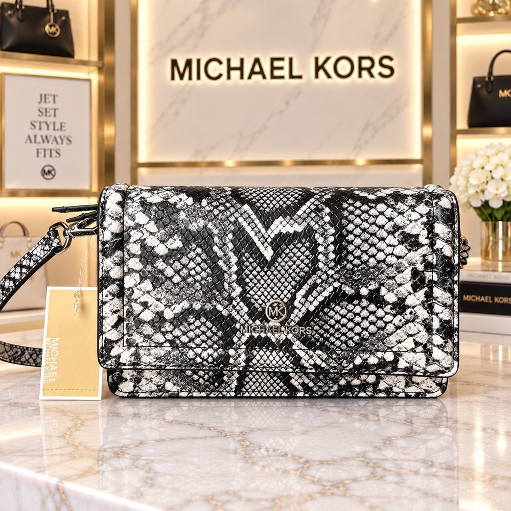 Michael Kors Jet Set Charm Small Phone Crossbody Bag Black Snakeskin NWT